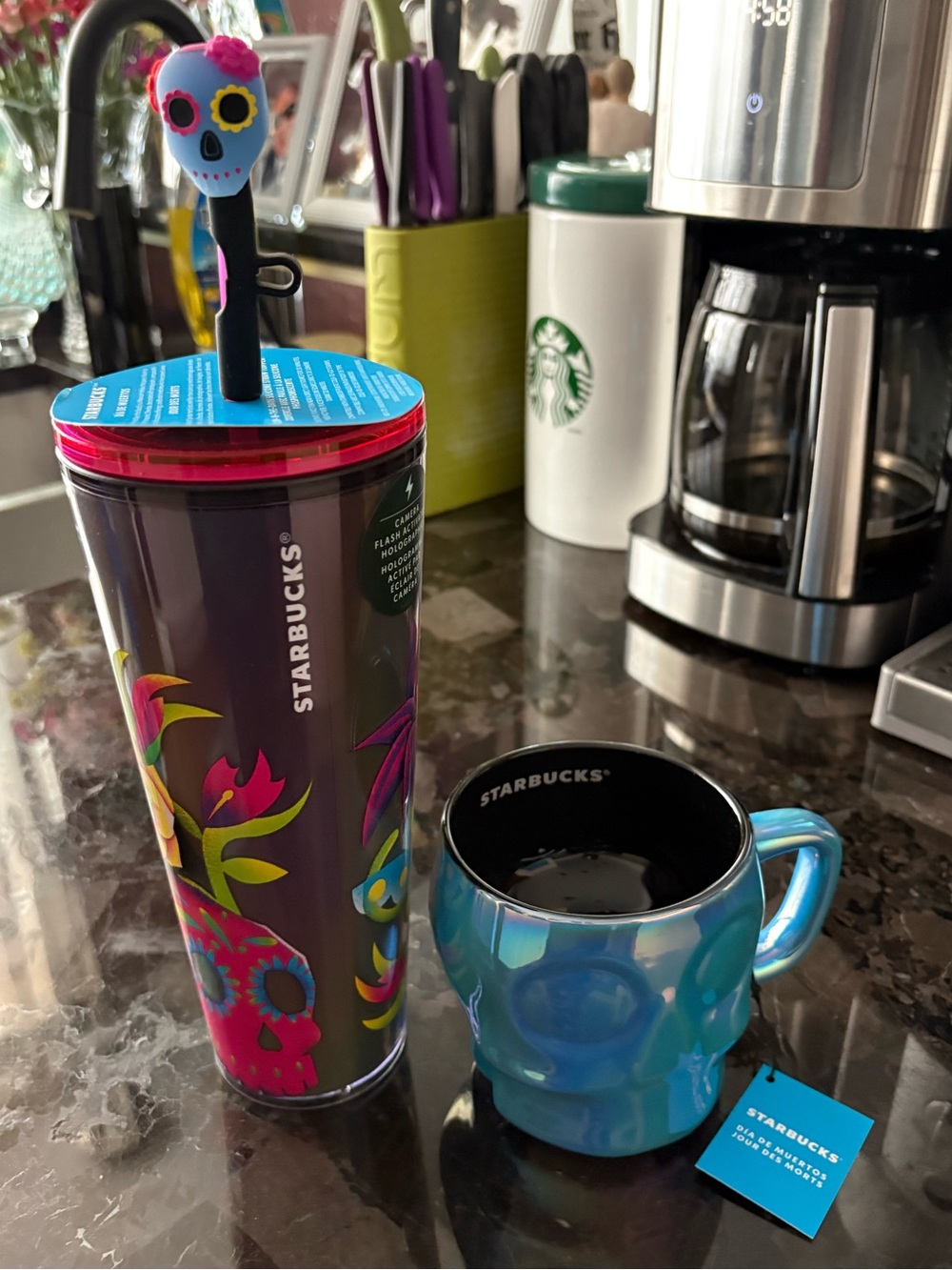Starbucks Dia de Muertos Iridescent Skull Mug & Venti Cup-Glow-in-the-Dark